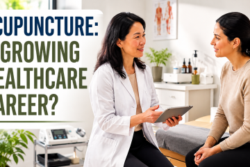 Licensed acupuncturist consulting with a patient in a modern integrative healthcare clinic.