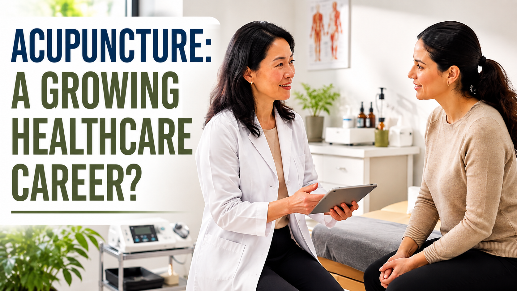 Licensed acupuncturist consulting with a patient in a modern integrative healthcare clinic.