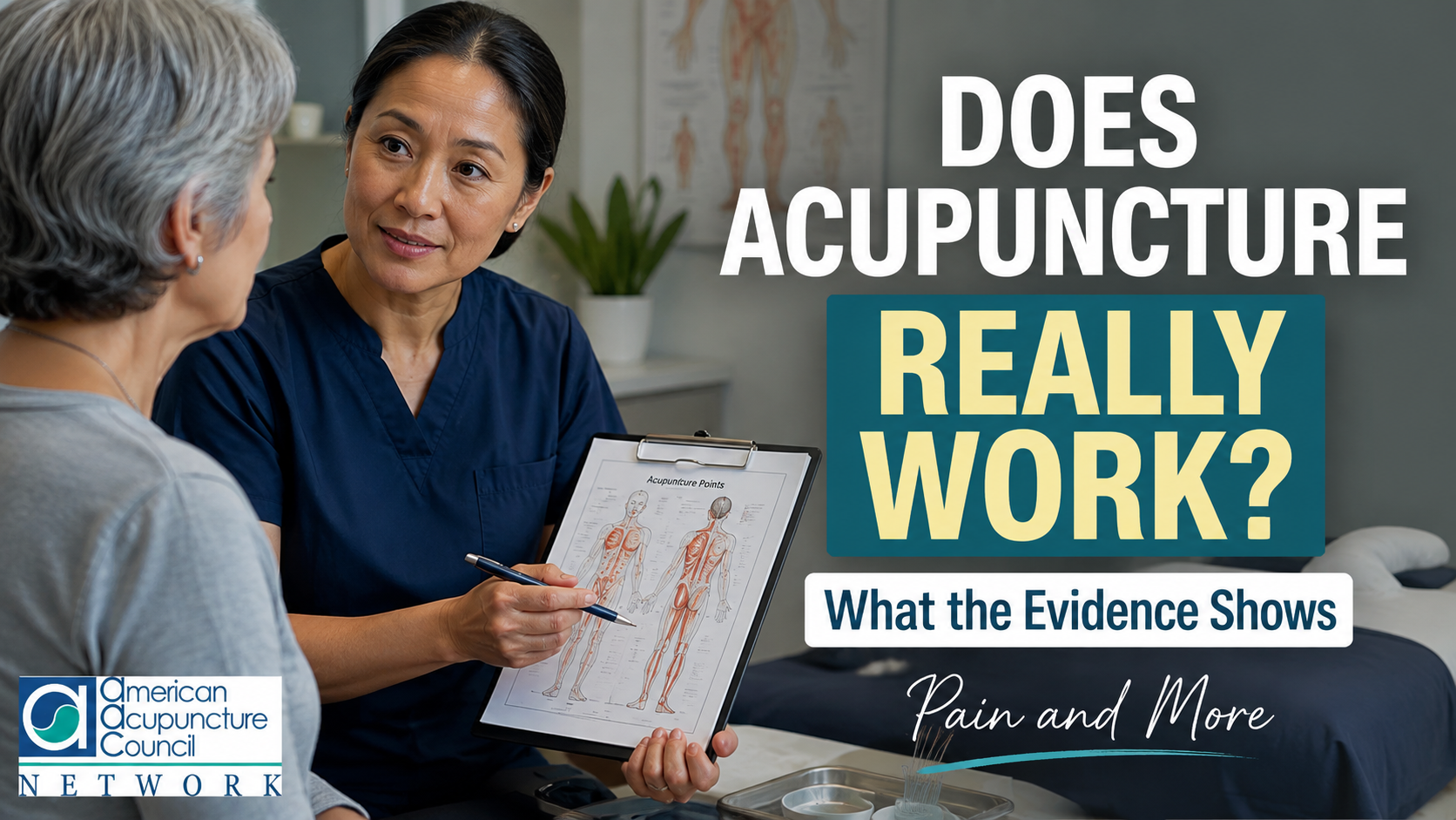 Acupuncturist discussing whether acupuncture works for pain with a patient