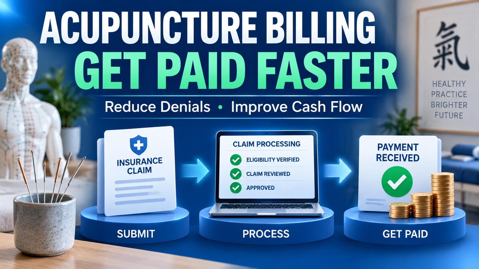 Acupuncture billing workflow showing insurance claim submission, processing, and payment