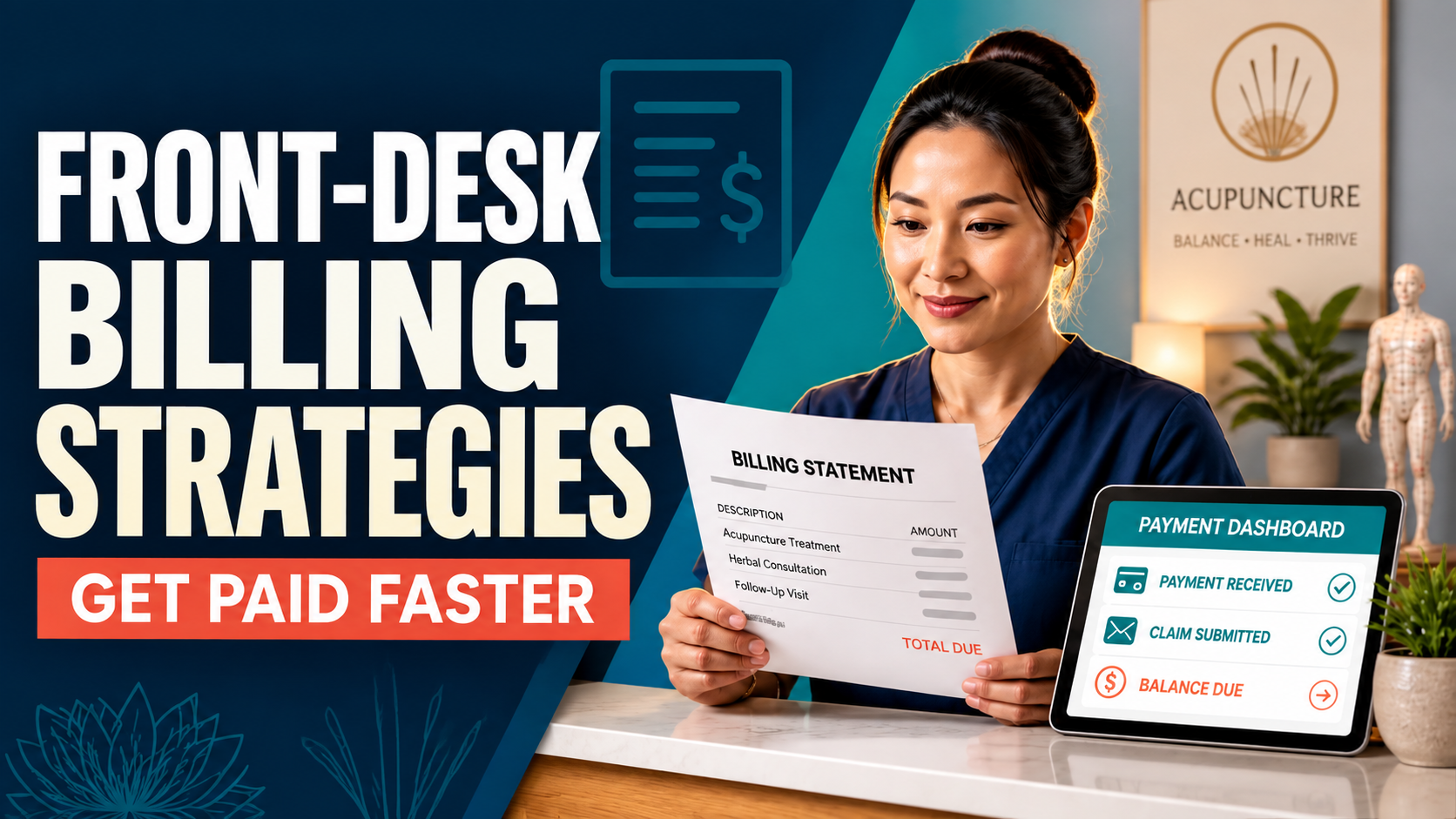 Acupuncture practice front desk reviewing billing and payment information